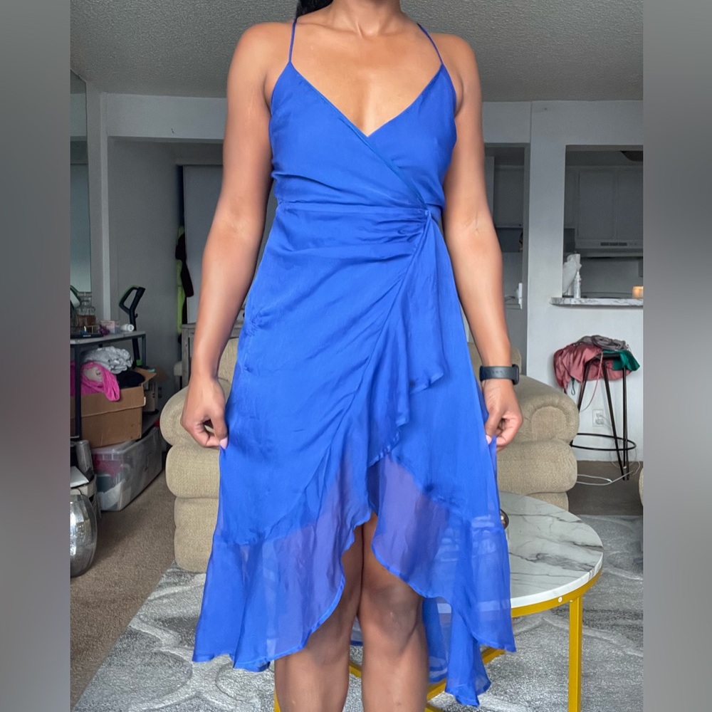 Royal Blue Chiffon Wrap Midi Dress | Flowy Ruffle Hem | Size M